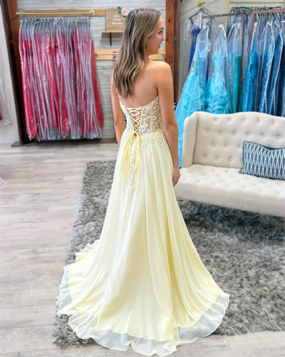 Amanda Customized Strapless Beaded Illusion Prom Dresses Appliques Lace-Up vestidos de noche Pleated Floor-Length Formal Evening