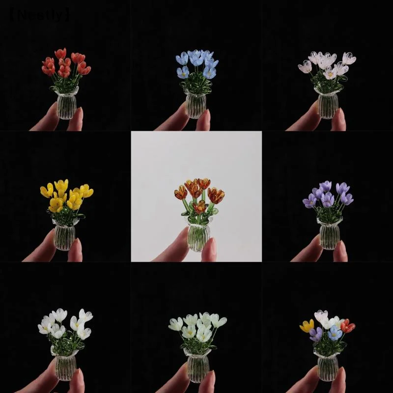 6/7Pc Lifelike Glass Flowers Simulation Flowers Handcrafted Floral Sculpture Floral Bouquet With Vase Home Decoration Gift〔Nest〕