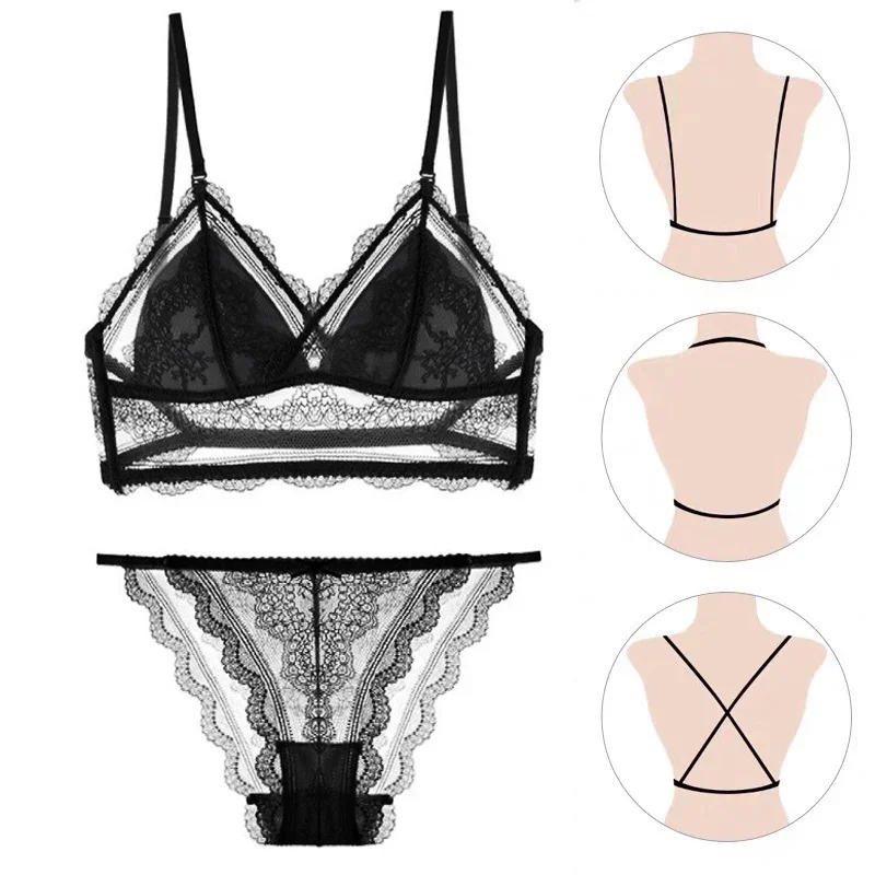 Conjunto lingerie sexy de renda para mulheres, sutiã fino, malha elegante, sutiã e calcinha, roupas íntimas para senhoras