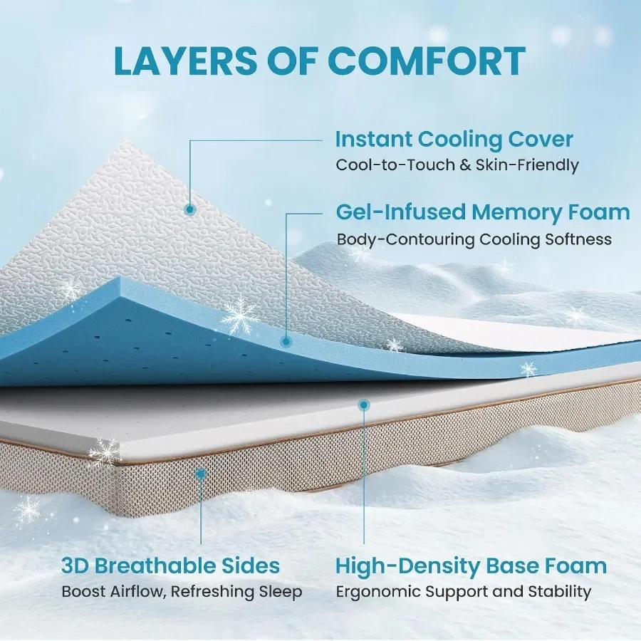 Queen size cooling mattress topper: 3-inch gel-infused memory foam with cool-to-touch removable cover, pressure relief and deep