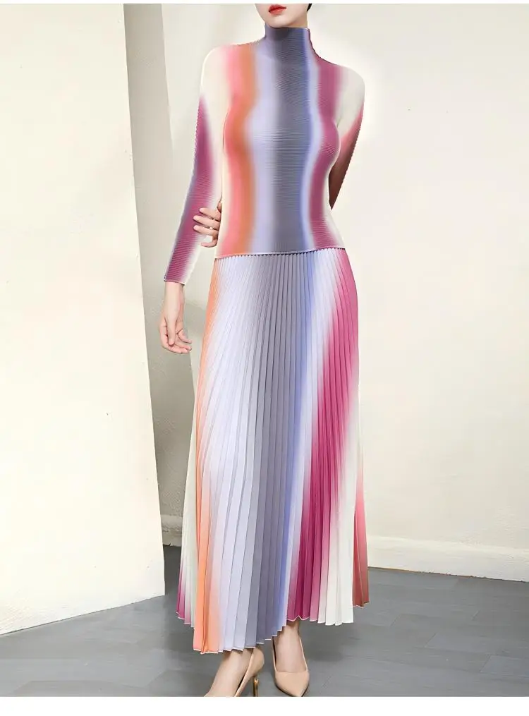 European and American style women's pleated gradient color two-piece set, slim-fit long-sleeved top and high-waisted skirt set