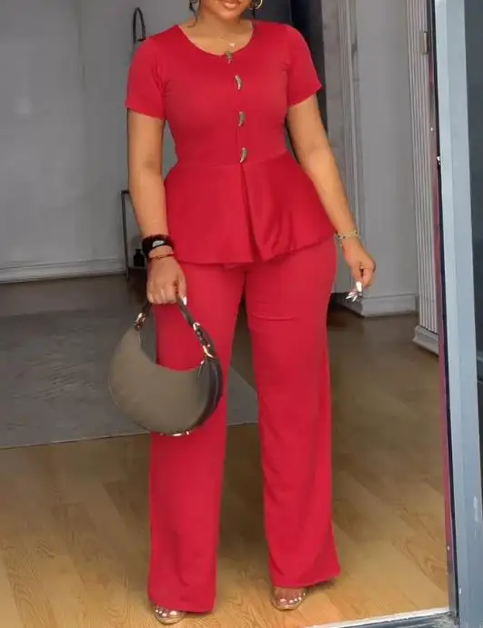 

New Spring/Summer 2025 Button Decoration Round Neck Waist Work Clothes Casual Zipper Back Wide Leg jumpsuit Women's Wear