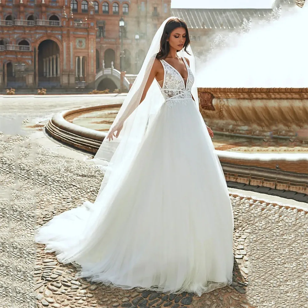 

Msikoods Boho Wedding Dresses Illusion V Neck A Line Bridal Gown Lace Appliques Long Sleeve Customized Princess Wedding Gown