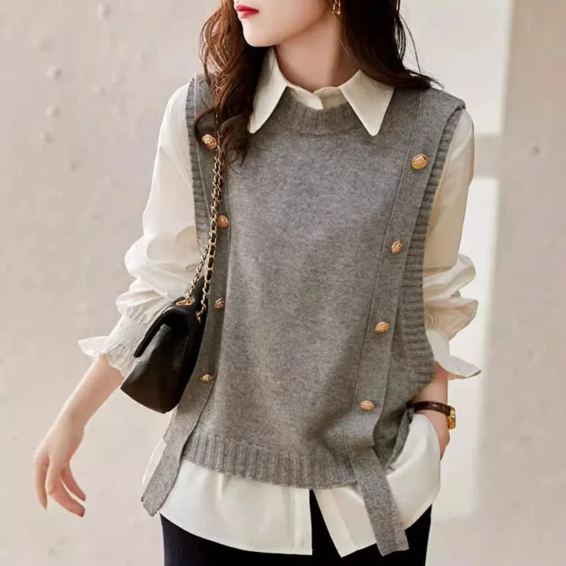 

Korean Style Sleeveless Waistcoat Sweater for Women Autumn and Winter New Fat Mm Loose Sweater Fashionable Vest Vest Top