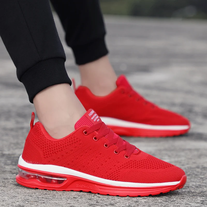 

Red Cheap Running Shoes Free Shipping Men Women Breathable Weave Air Cushion Sneakers Size 35-46 Men Light Sports Shoes Trainers