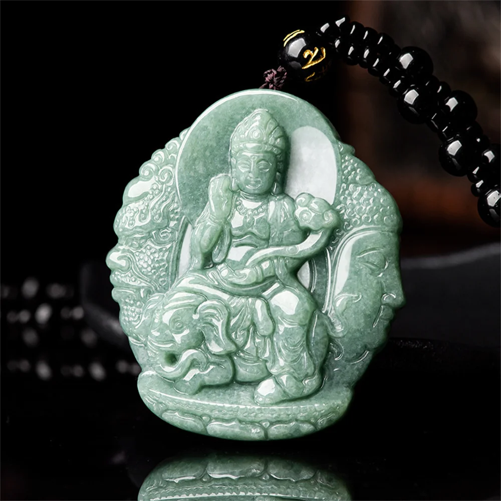 

Natural Ice Green Jadeite Carved Elephant PuXian GuanYin Pendant Amulet Necklace Certificate Luxury Jade Vintage Gift Jewelry