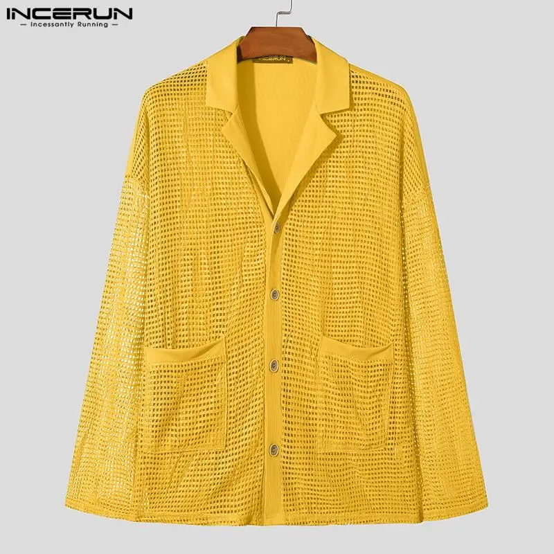 INCERUN Men Shirt Mesh Patchwork Transparent Lapel Long Sleeve Loose Men Clothing Streetwear 2024 Pockets Fashion Casual Camisas