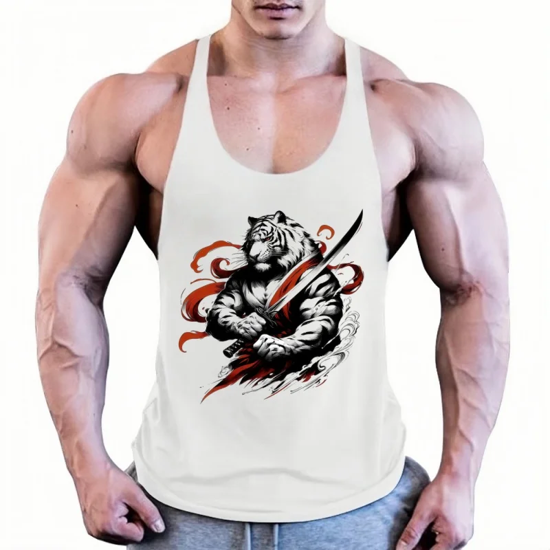 Gym Men's Fitness Tank Top – Cotton Singlet with Samurai Tiger & Katana Print, Bodybuilding Muscle Sleeveless Gym Clothing