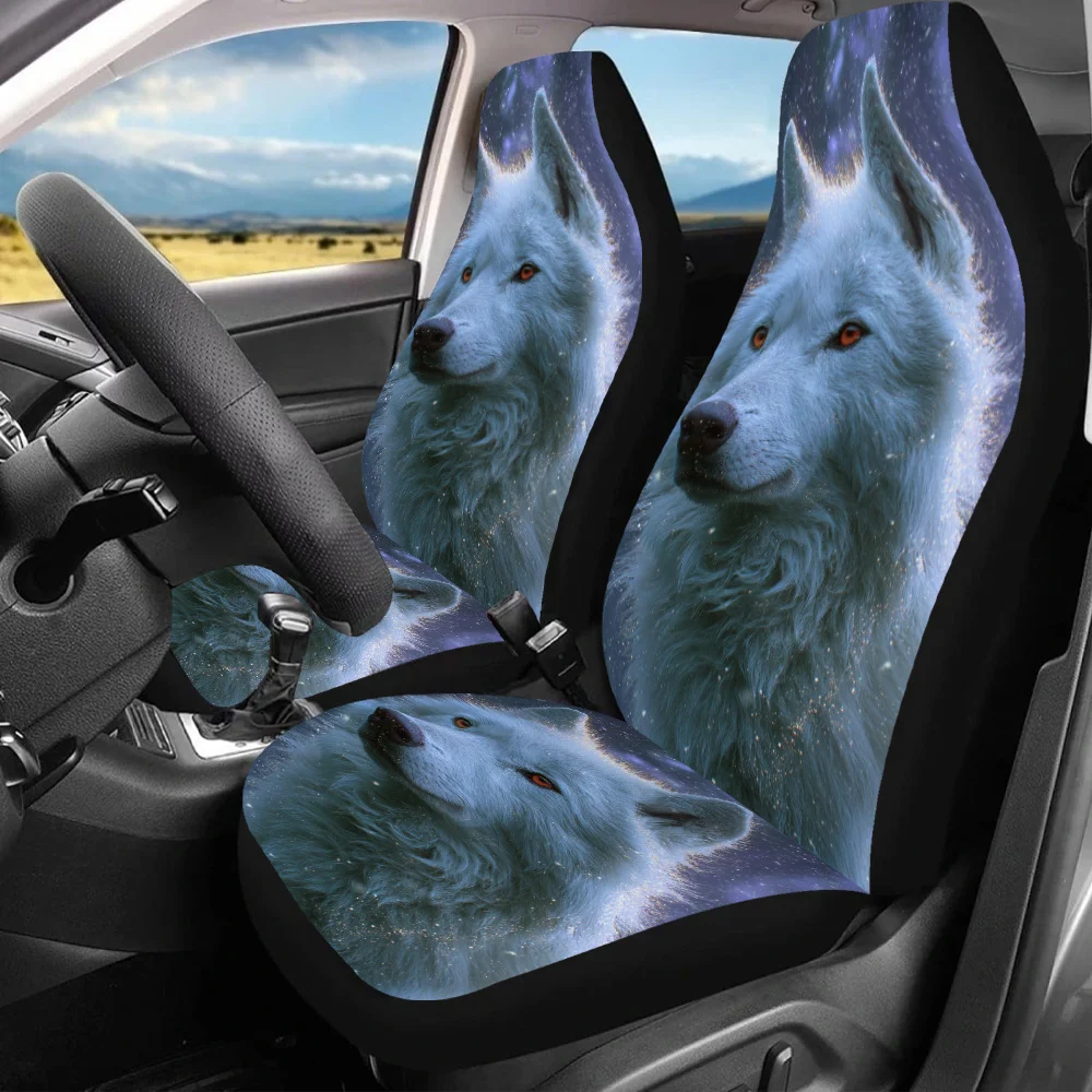 2pcs Celestial Wolf Glow Car Seat Covers - Fit For Cars, SUVs & Sedans, Durable Canvas With Sponge Filling, Vibrant Wolf & Starr