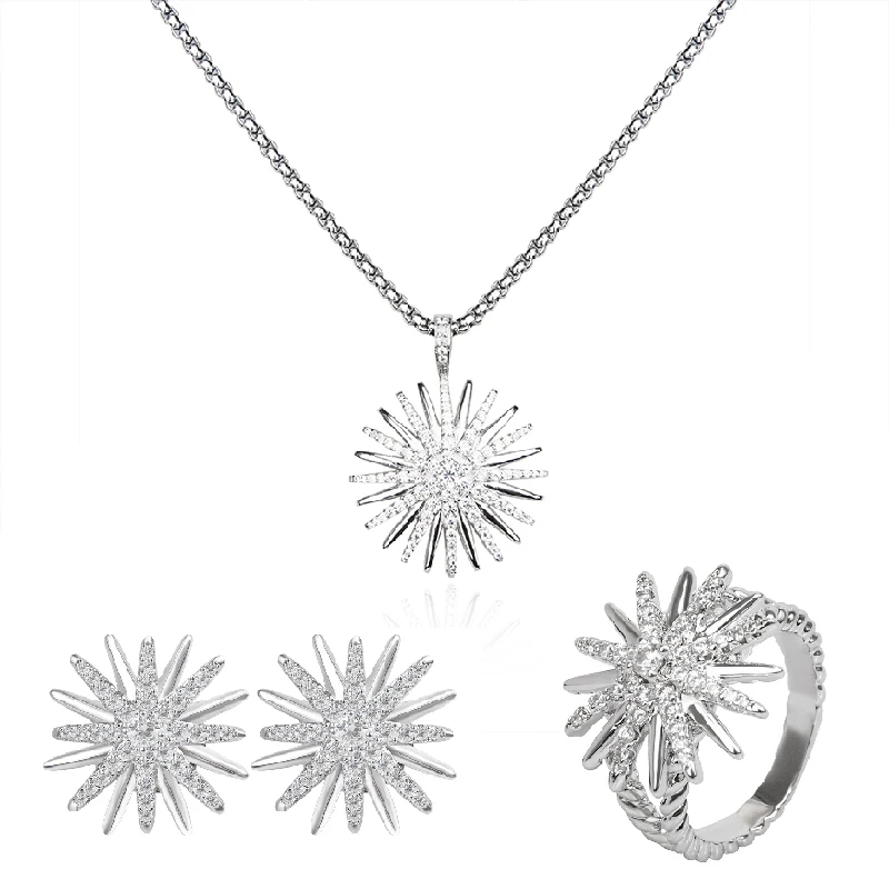 

White Cubic Zirconia Sunflower Design Pendant Necklace Ring And Earrings Set Stylish Chic Female Fashion Jewelry Sets for Party