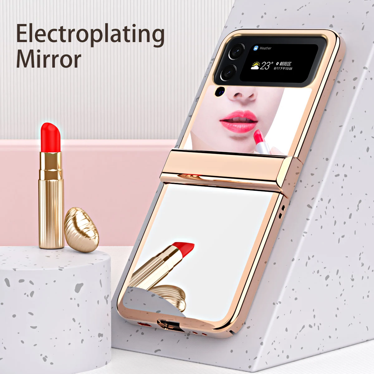 3in1 Electroplated Glossy Makeup Mirror 360 Full Cover for Samsung Galaxy Z Flip 4 Flip4 Hard Plastic Hinge Protection Back Case