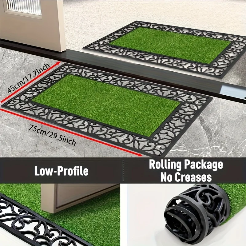 Rectangular Hollow PVC Entrance Doormat, Green Artificial Grass Surface, Efficient Mud Scraping Door Mat