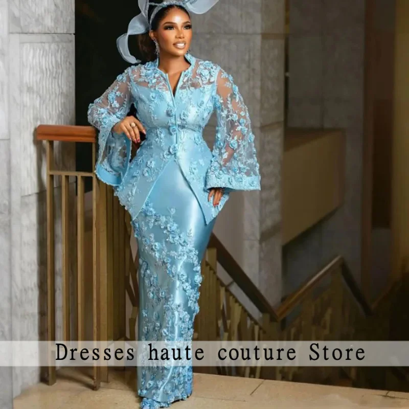 Нигерийские вечерние платья русалки с цветами, свободные длинные рукава, большие размеры, платья для выпускного вечера с v-образным вырезом, платье для свадебного приема Нигерийские вечерние платья русалки с цветами, свободные длинные рукава, большие размеры, платья для выпускного вечера с v-образным вырезом, платье для свадебного приема