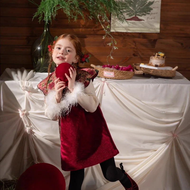 Girls'  Style High-Quality Festive New Year Shawl Color-Block Princess Dress Two-Piece Set