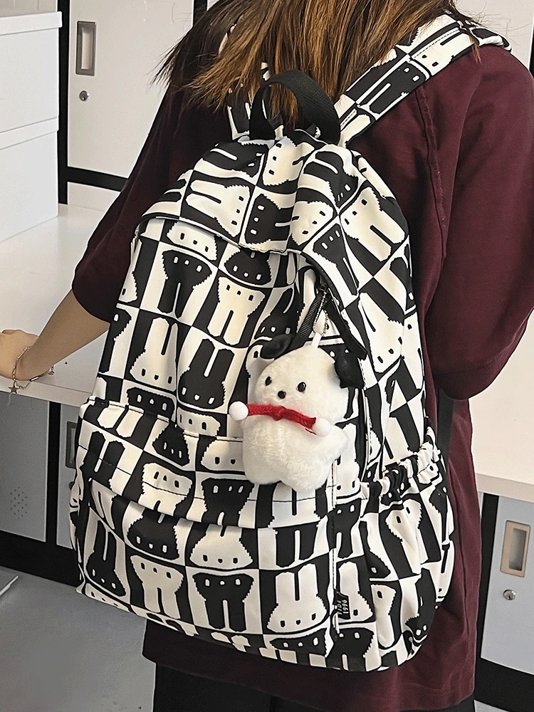 Korean Cartoon Rabbit Printed Canvas Backpack Lightweight And Large Capacity Campus Style Student Commuting Computer Bag Trend