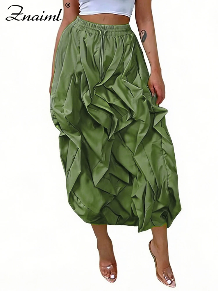 Znaiml Fashion Ruffle Mid Dress Women's Elegant Solid High Waist Drawstring Straight Skirt Female Casual Street Loose Bottoms