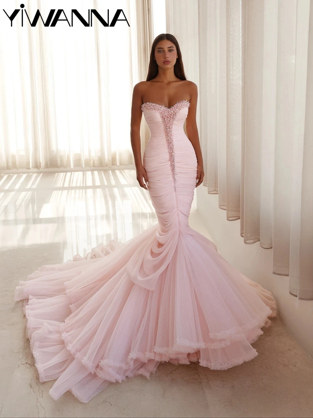 

Pink Pleated Beaded Mermaid Long Evening Dress Romantic Sweetheart Neck Wedding Party Gown Customized Elegant Prom Dresses