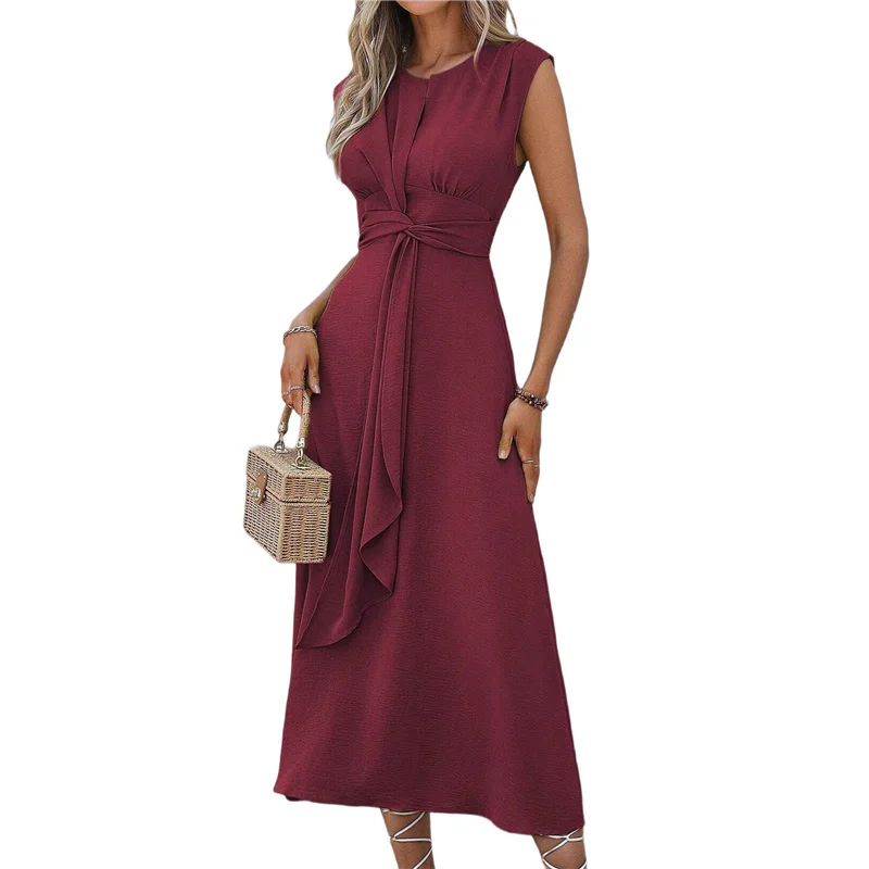 A83F-Womens Summer Casual Sleeveless T Shirt Midi Dress Slim Fit Tie Waist Tank Long Dresses 2025 Vacation Sundress