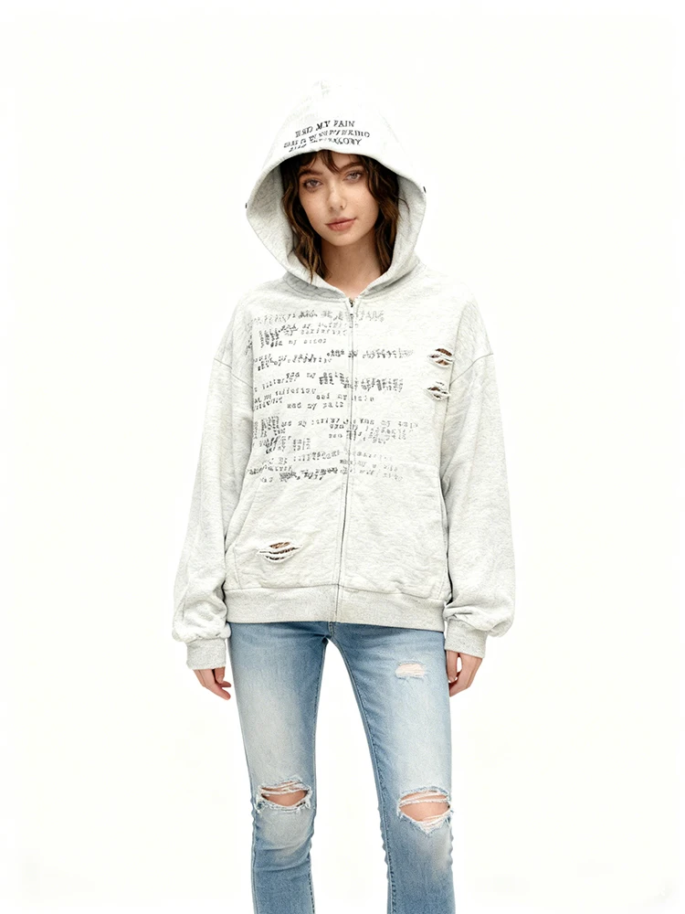 

Мужская и женская осенняя мода, новый уличный тренд, потертый кардиган с капюшоном и персонализированным принтом, одежда Y2k