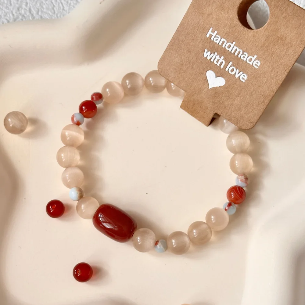 Vintage Chinese Style Beaded Bracelet for Women, Cat Eye&Red Agate Elastic Stackable Bracelet, Niche Delicate Hand Jewelry Gift