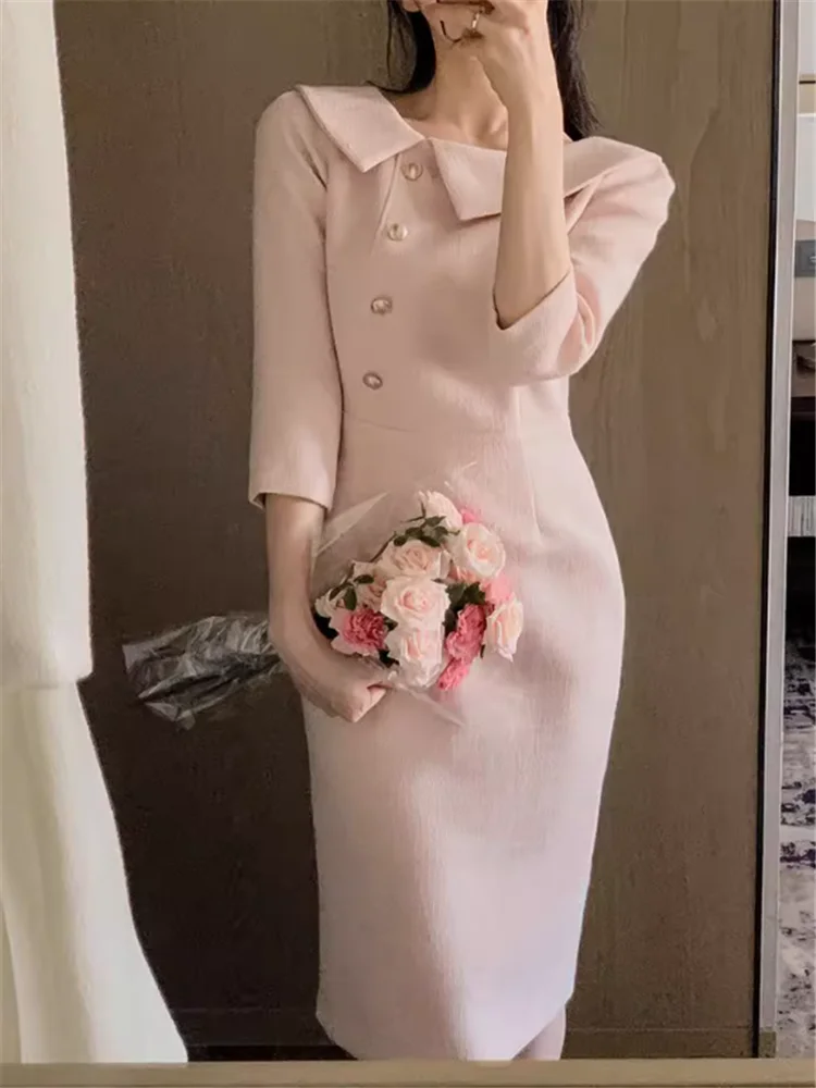 ブラックピンク エレガント レディース 七分袖 スリム ストレート ミディ丈ワンピース 秋新作 セレブ風 ドールカラー ボディコン ワークドレス