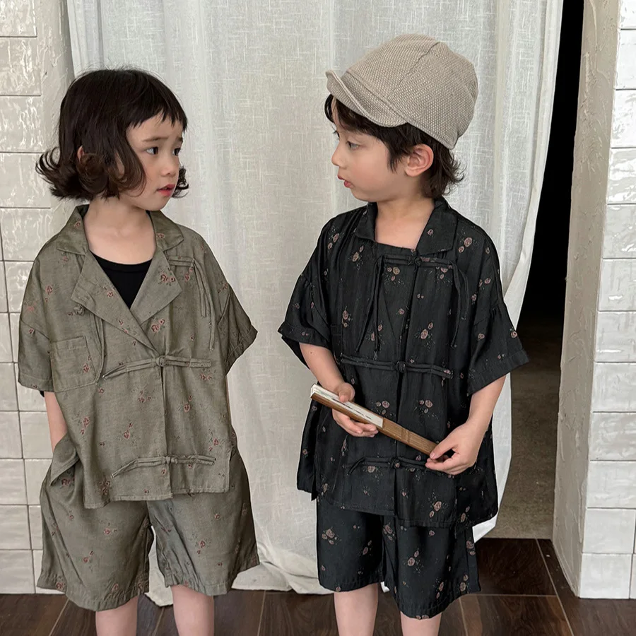 

Children's suit 2025 children's summer imitation tencel denim short-sleeved shirt baby Chinese style two pieces of clothing