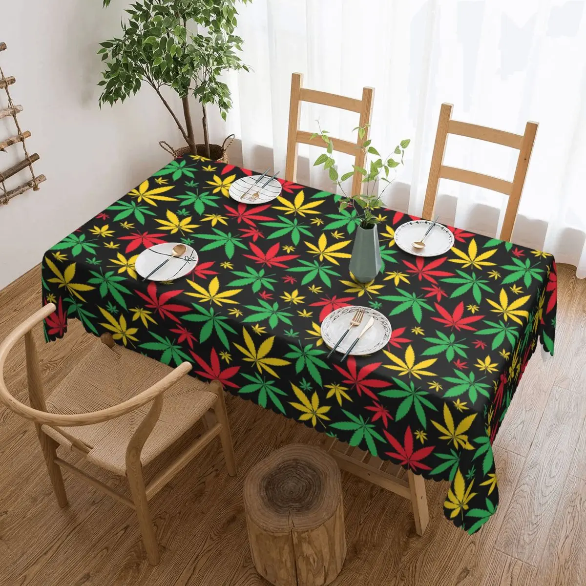 Rasta Flag Colors Leaf Cannabis Marijuana Weed Tablecloth Restaurant Kitchen Rectangular Tablecloth Festival Dining Table Cover