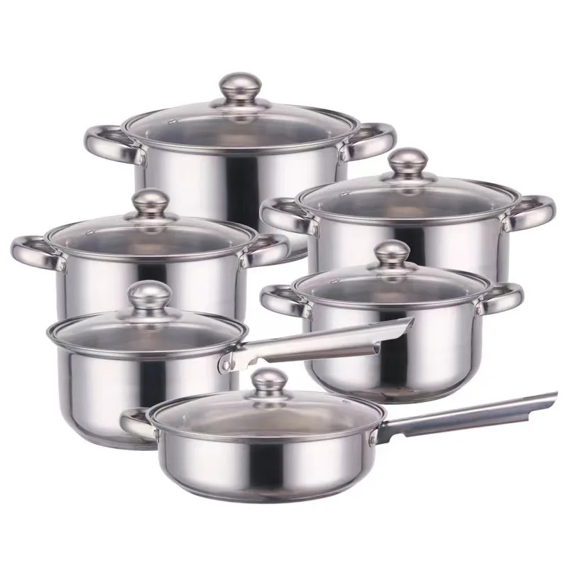 

Cross-border stainless steel set pot 12-piece set, bottom set pot thickened soup milk frying pan combination set