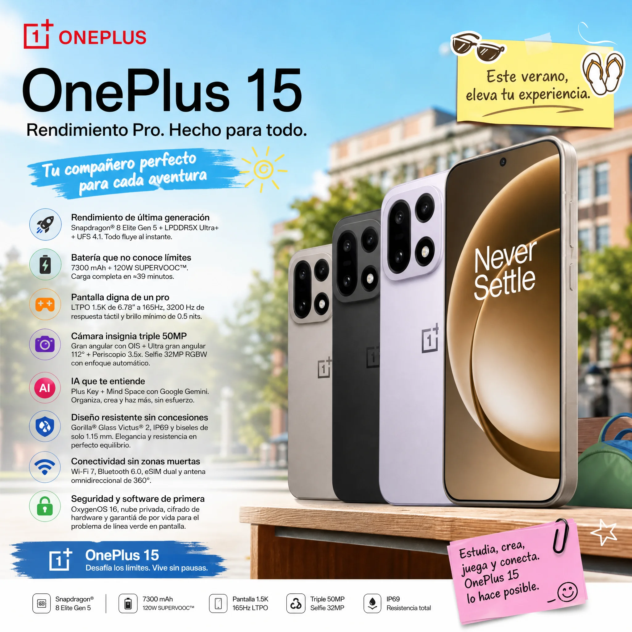Teléfono – OnePlus 15 Smartphone, 7300mAh, 120W, Pantalla LTPO 165Hz de 6.78″, Chip Snapdragon® 8 Elite Gen 5, Cámara Triple de 50MP, IP69, OxygenOS 16 3