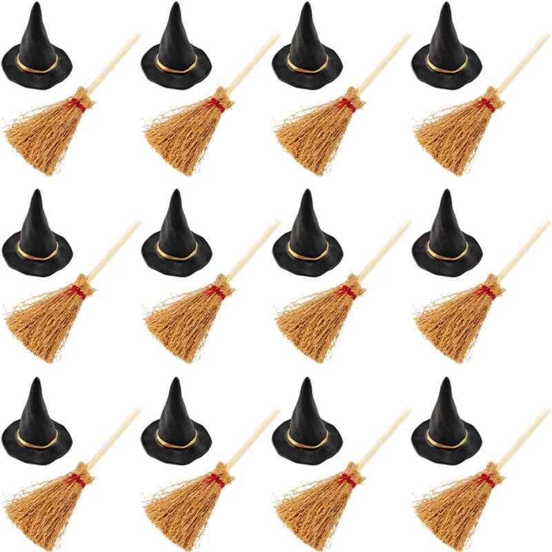 

【24-Count Halloween Craft Kit】Miniature Brooms and Witch Hats for DIY Decor, Party Favors ,Tabletop Displays, Party Props