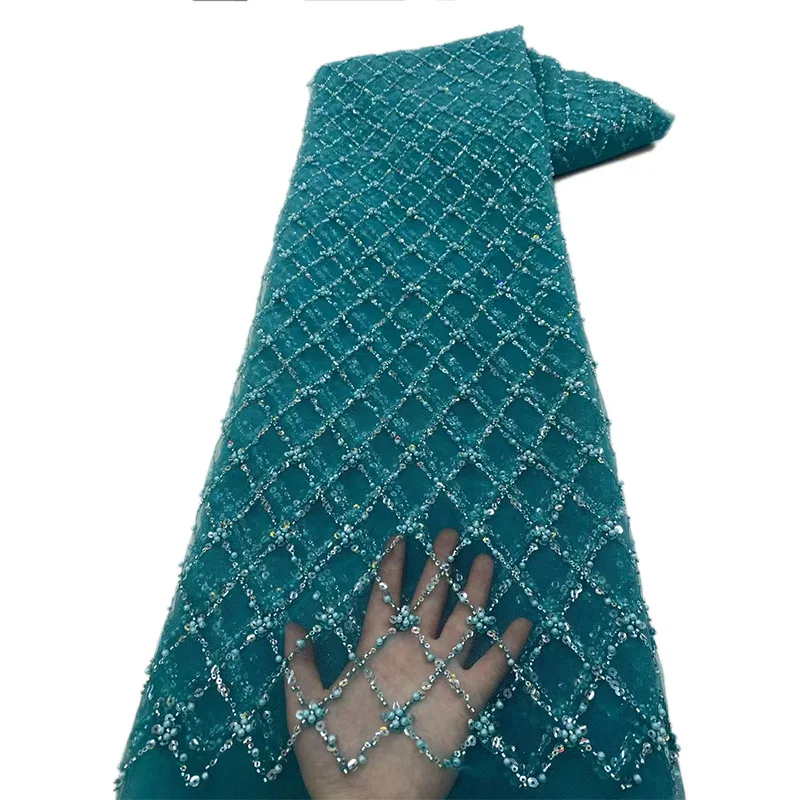 8 Colors Sparse Diamond Flower Beaded Tube Embroidered Rhombus Grid Mesh Fabric Powder Sequin Lace Evening Party Dress Material