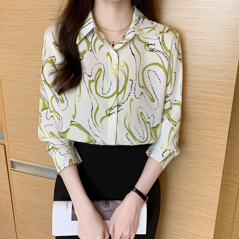 Women Spring Printing Korean Fashion Loose Chiffon All-match Shirts Women Clothes Casual Polo-Neck Long Sleeve Office Lady Tops