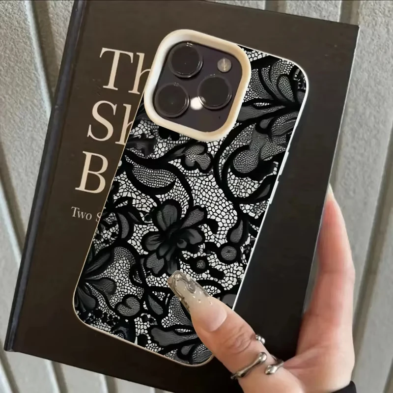 Black Lace Pattern Phone Case For iPhone 17 16 15 14 13 12 11 Pro Plus Max 17 Air X XR XS Shockproof Soft Silicone Back Cover - náhled 5