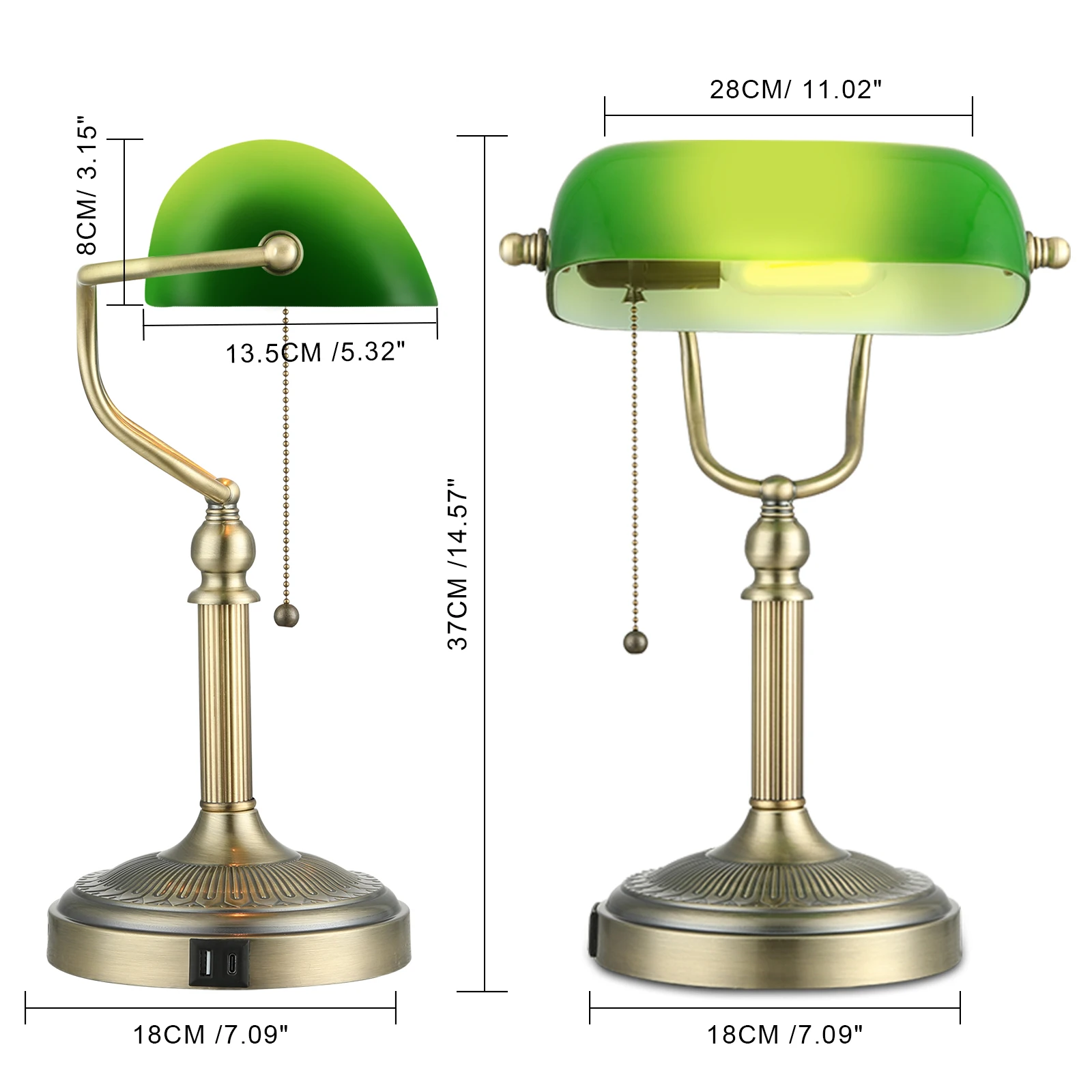 Imagem -02 - Green Glass Bankers Desk Lamp com Pull Chain Switch Plug in Fixtureusb Fast Charging Port Quarto Cabeceira