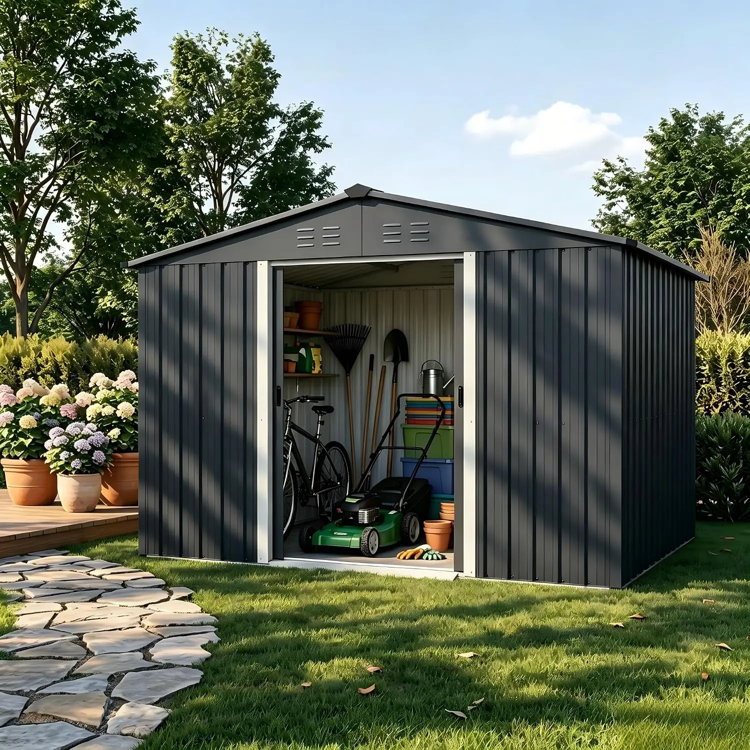Outdoor Storage Shed 6X8 Ft Tool House with Double Doors & Vented Steel Roof for Backyard Garden Lawn, Customized