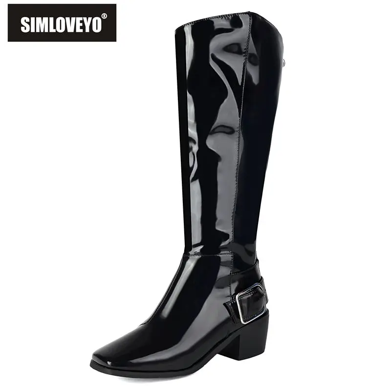 

SIMLOVEYO 2025 Winter Women's Knee-High Boots Square Toe 5cm Block Heels Zipper Belt Buckle Large Sizes 41-43 Dating Bota Hot