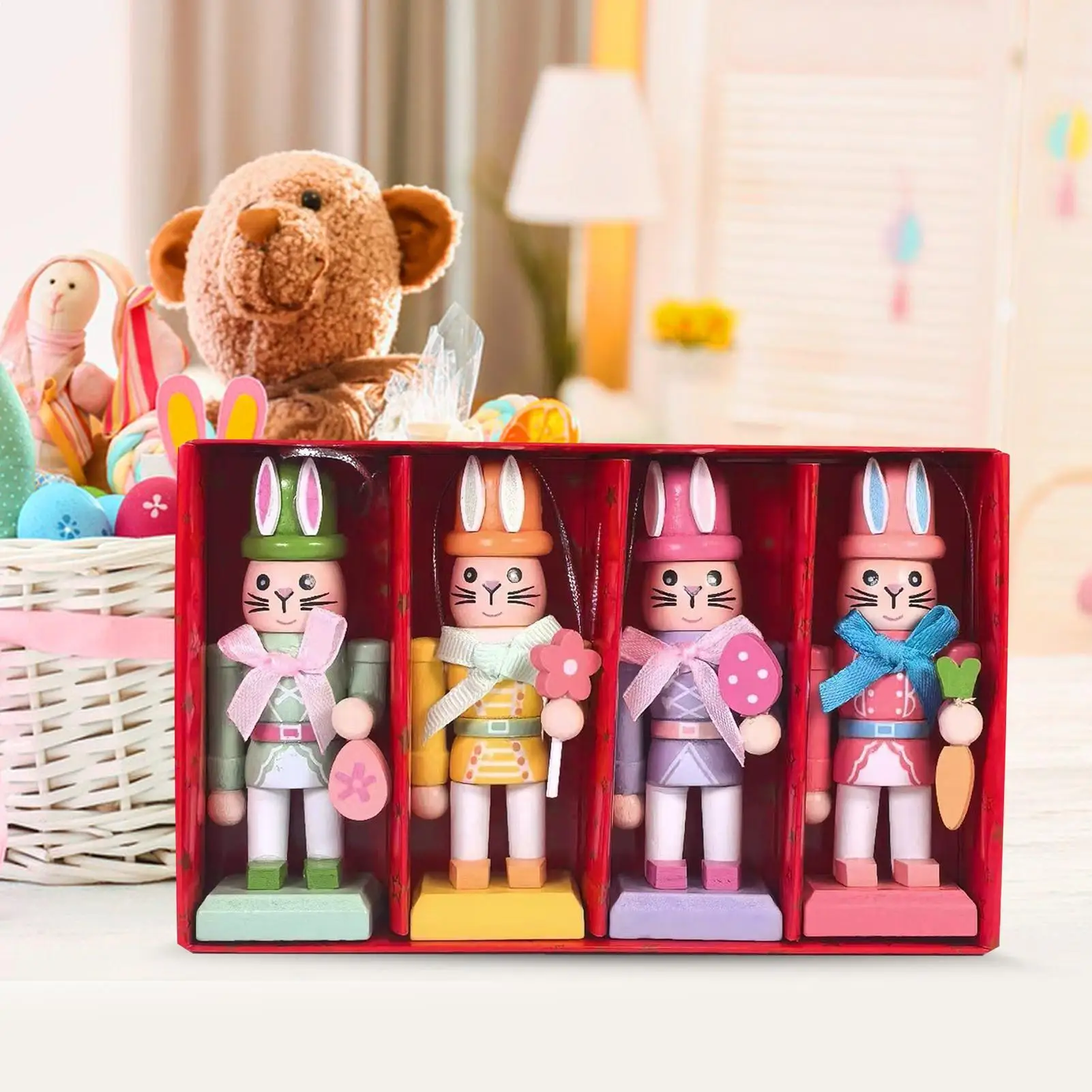 Easter Bunny Nutcracker 4 Pieces Wooden Easter Tabletop Sculptures 4.1 Inches Rabbit Collectible Statue For Workplace Home