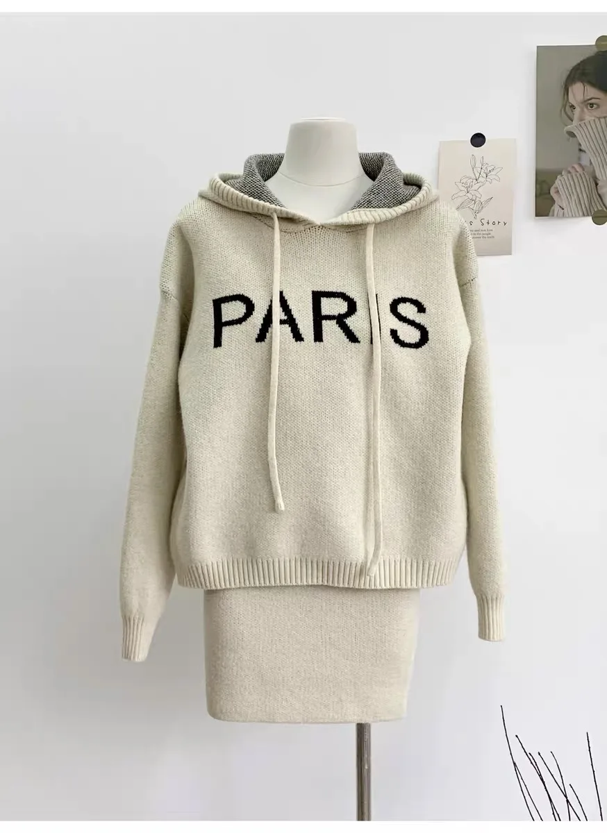 2024 Spring and Autumn New Knitted Woolen Sweater for Women, High end Interior, Hip hugging Half skirt Design, Hooded Hoodie Set