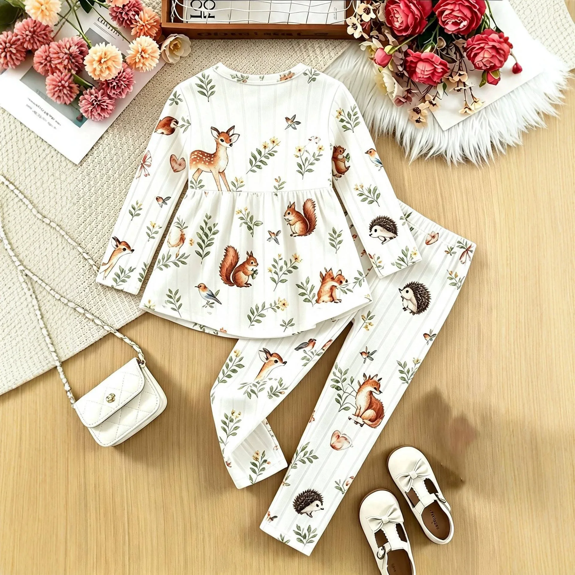 Girls' Spring Autumn Set Cartoon Long Sleeved Long Pants Two-piece Set for Children's Clothing