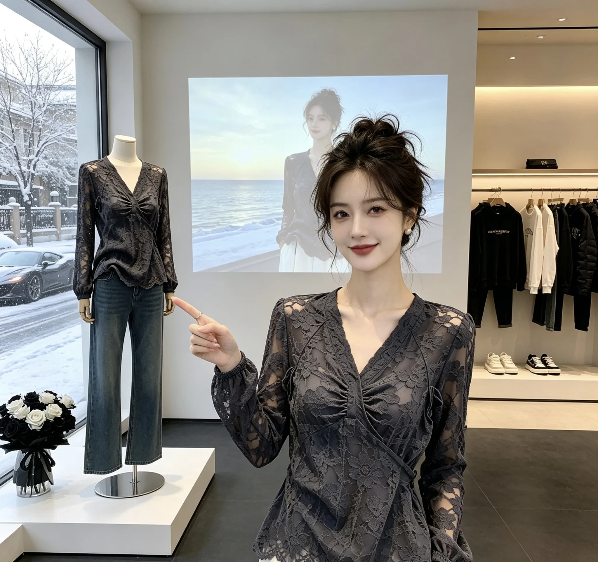 Grey Lace Top Women's Cross Design Commute Style Gentle Feeling High-End Sensation Loose Fit Long Sleeve V-Neck Polyester Shirt 3