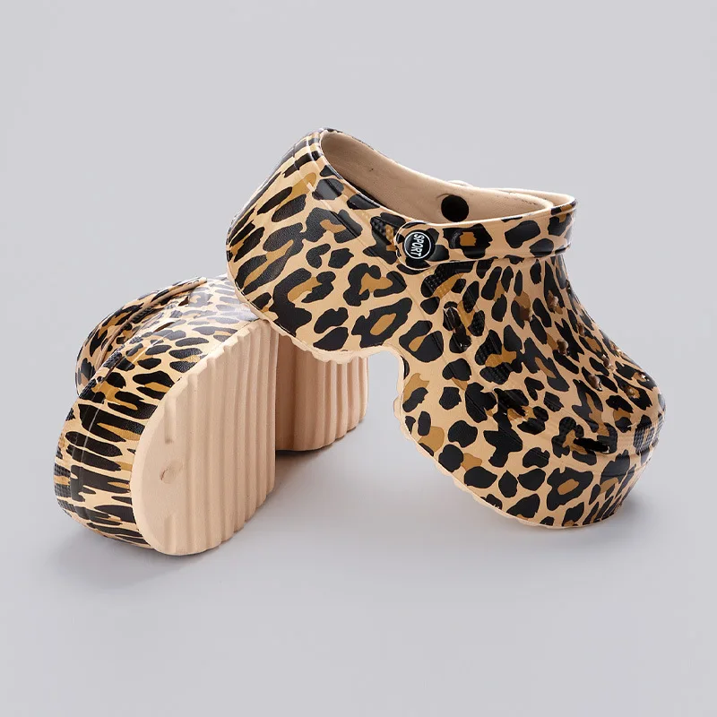 Women Leopard Print Hole Sandals 9CM Increased Thickness Thick Soles New Fashionable Cave Garden Shoes Sandals Summer Lady Shoes