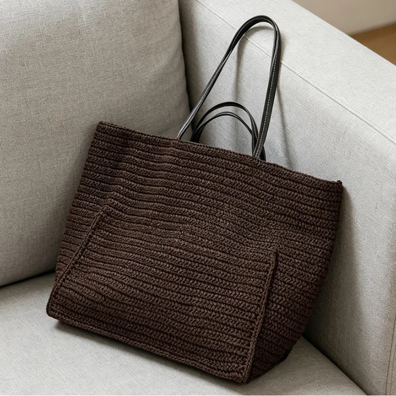 

Large Capacity Woven Straw Tote Bag Minimalist Solid Color Beach Handbag Lightweight Summer Vacation Shoulder Purse Underarm Bag