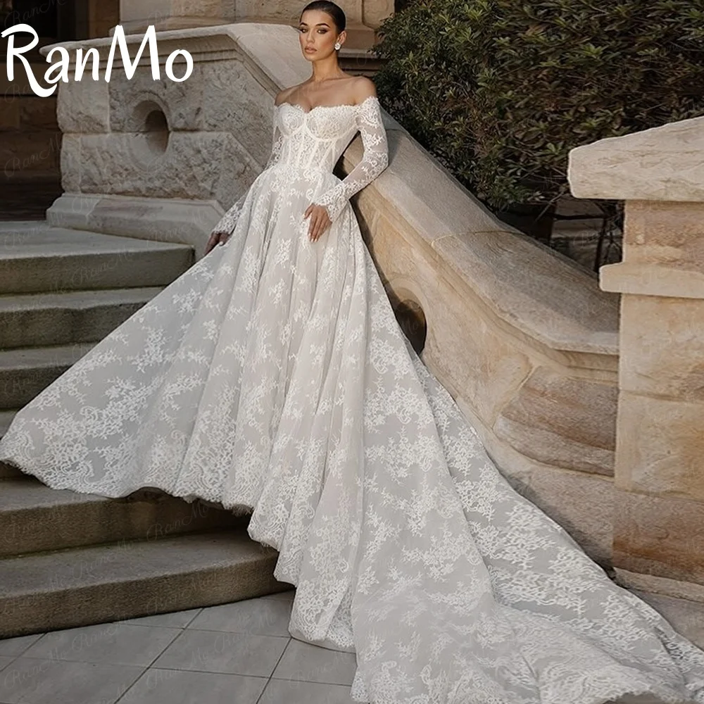 

Ranmo New 2025 White Wedding Dress Off The Shoulder A-Line Full Lace Wedding Gowns Luxury Boho Bridal Ball Prom Dress Customised