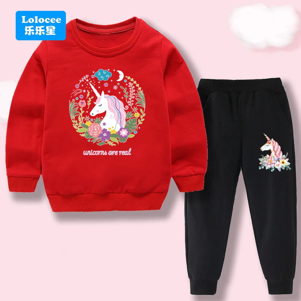 Girls' Floral Unicorn Outfit 2Pcs Set Sweatshirt +Pants Cartoon Print Long Sleeve Casual Clothes for Children Tracksuit  DJSHH1