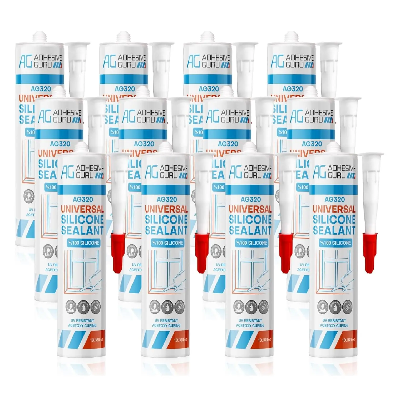 Adhesive Guru All Purpose Clear Silicone Sealant Waterproof (12 X 10.15 Fl.Oz.), 100% Silicone Caulk, Weatherproof & Flexible