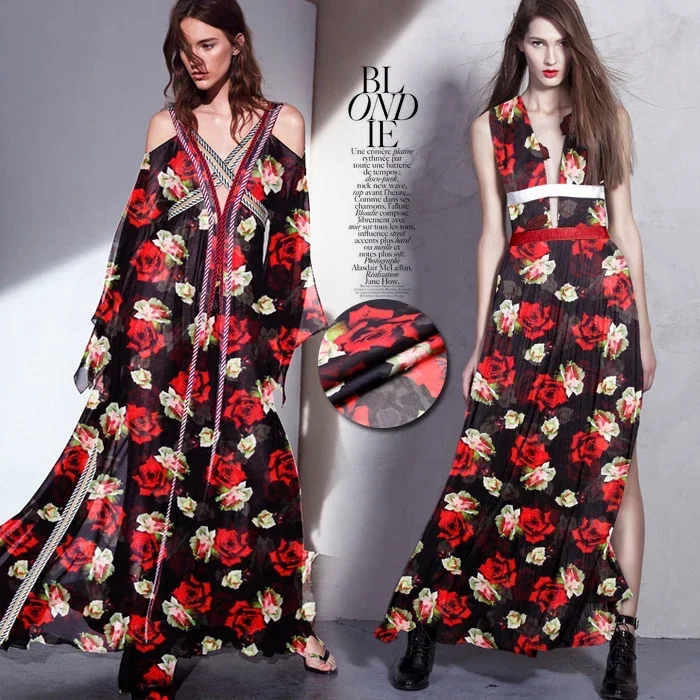 

135cm wide 8mm red rose print black thin silk chiffon fabric for summer long and short dress shirt clothes D523