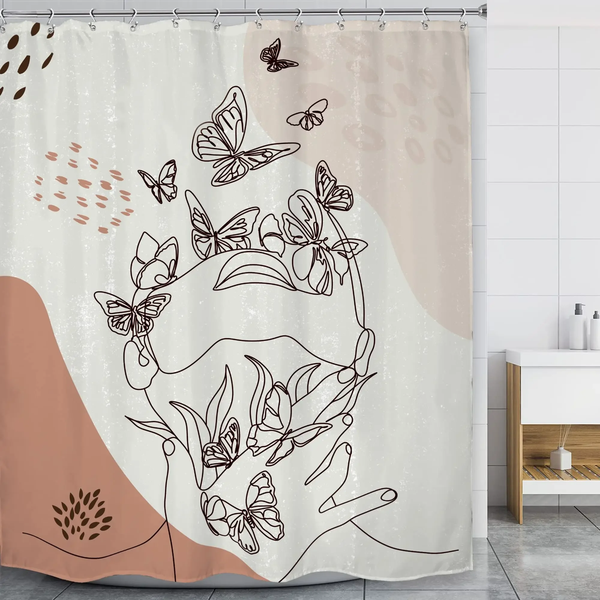 Abstract Lines Shower Curtain Art Human Face White Waterproof Shower Curtains for Bathtub Bathroom Luxury Spa Decor with Hooks