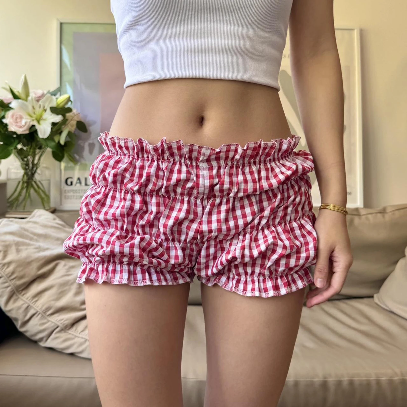 Bloomers con estampado de cuadros para mujer, pantalones cortos elásticos de cintura baja con pliegues, pantalones cortos de pijama Lolita