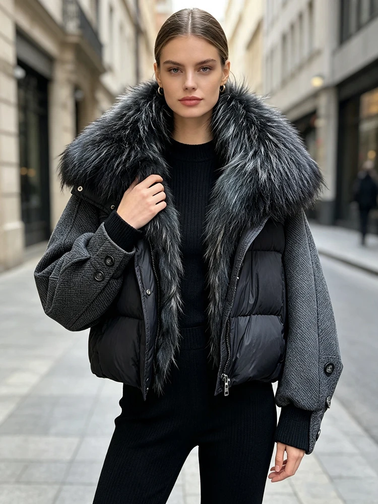 Lagabogy 2026 Natural Real Fur Collar Down Coat Women Thick Puffer Jacket Autumn Winter Loose Patchwork Sleeves Female Parkas