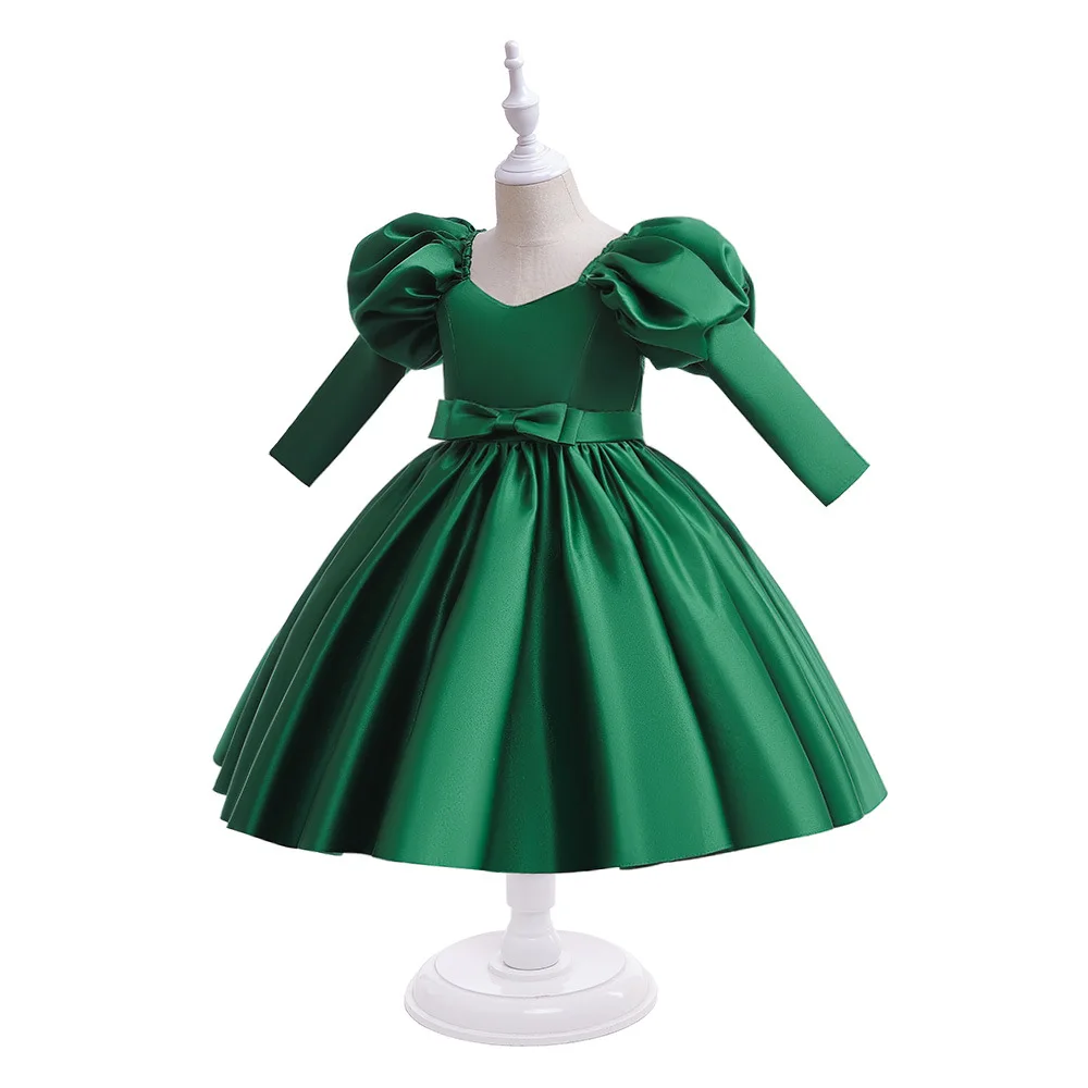 Autumn Long Puffy Sleeve Dresses for Girls Wedding Christmas Party Princess Costume With Bow Teen Children's Birthday Prom Gown